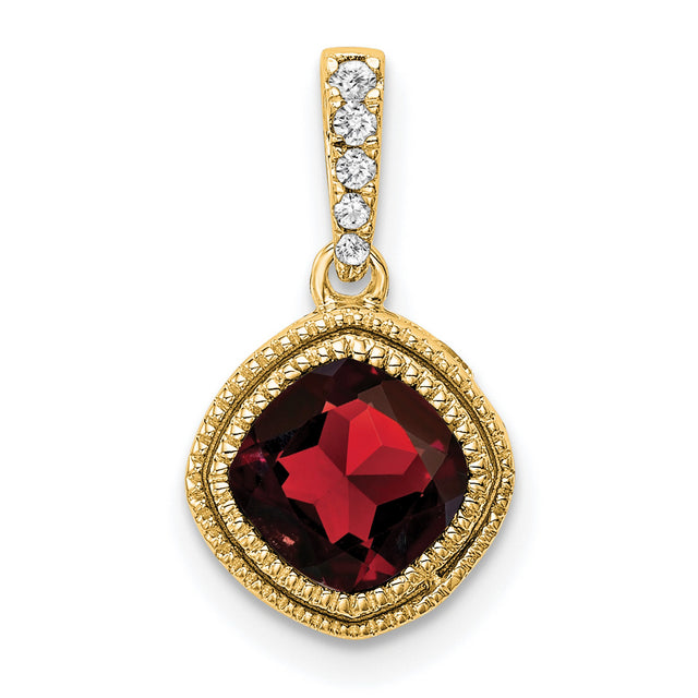 10k Yellow Gold Pendant with Cushion Cut Garnet and Diamond Accented Bail, Vintage Style