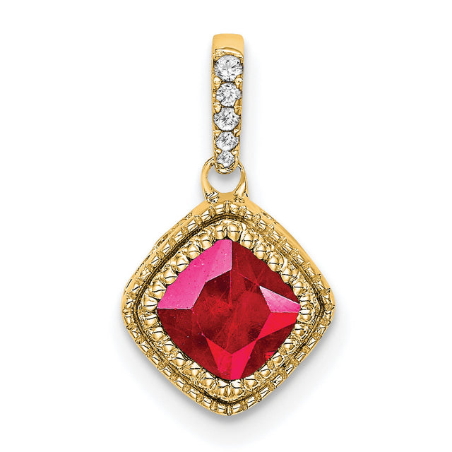 14k Yellow Gold Pendant with Ruby and Diamond, Cushion Cut, Romantic Style Jewelry for Women