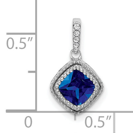 10k White Gold Pendant with Blue Sapphire and Diamond Accents, Cushion Cut and Halo Design