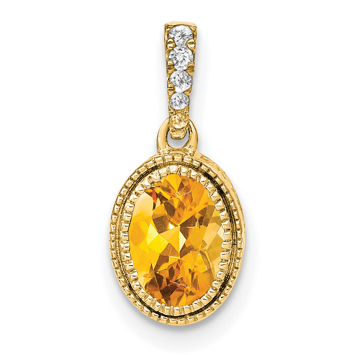 14k Yellow Gold Pendant with Oval Citrine and Diamond Accent in Textured Bezel Setting