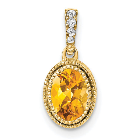 14k Yellow Gold Pendant with Oval Citrine and Diamond Accent in Textured Bezel Setting