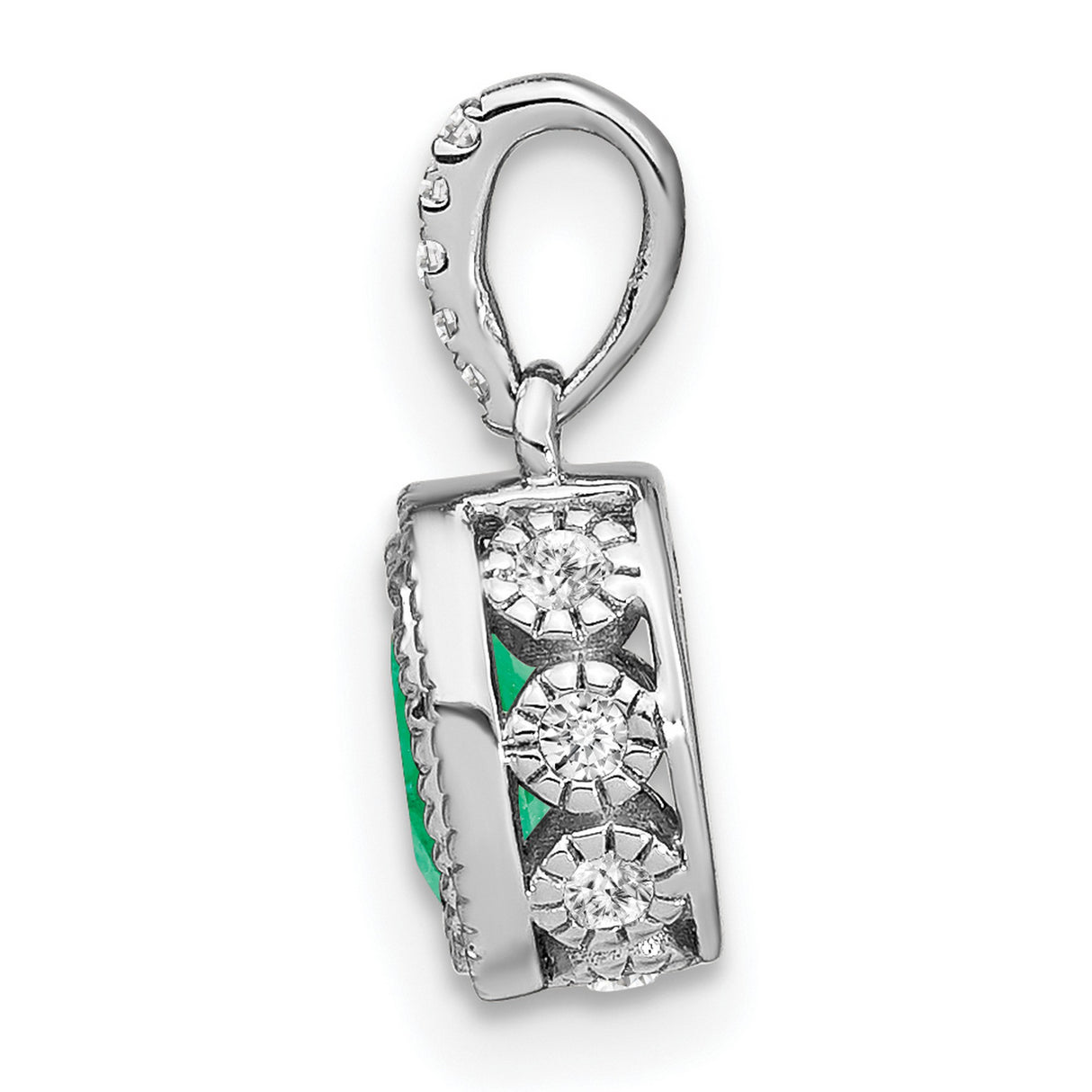 14k White Gold Emerald Pendant with Textured Bezel and Diamond Accents on Bail