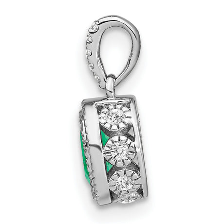 14k White Gold Emerald Pendant with Textured Bezel and Diamond Accents on Bail