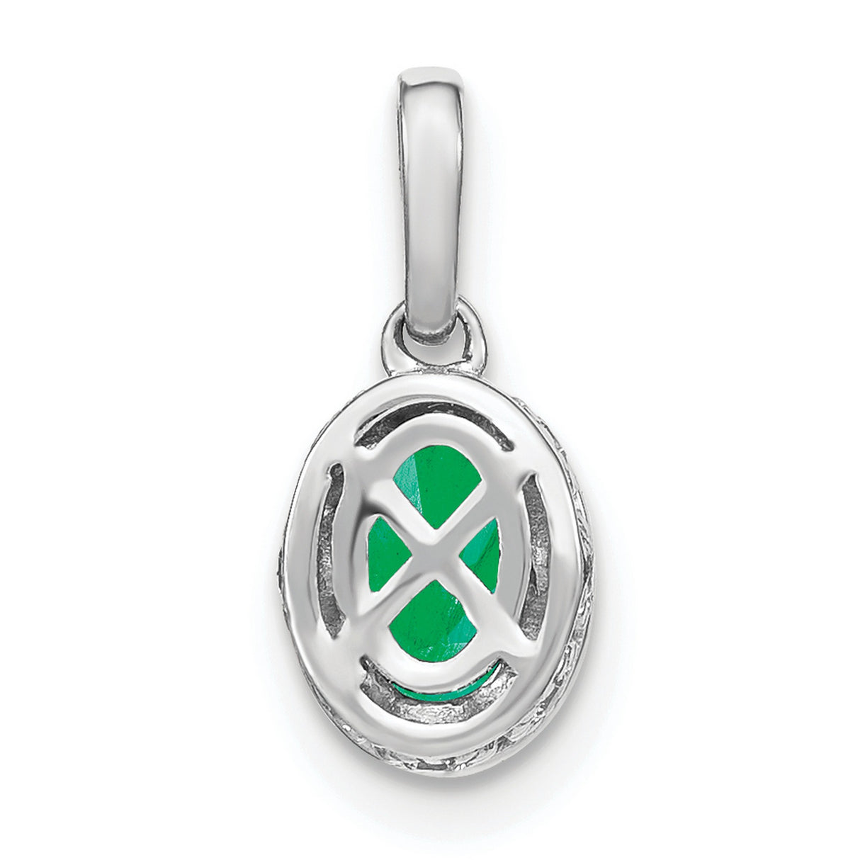 14k White Gold Emerald Pendant with Textured Bezel and Diamond Accents on Bail
