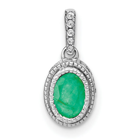 14k White Gold Emerald Pendant with Textured Bezel and Diamond Accents on Bail