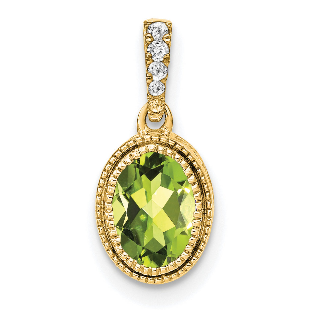 14k Yellow Gold Pendant with Oval Peridot and Diamond Accented Bail, August Birthstone Charm