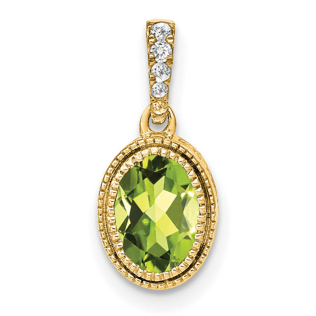 14k Yellow Gold Pendant with Oval Peridot and Diamond Accented Bail, August Birthstone Charm