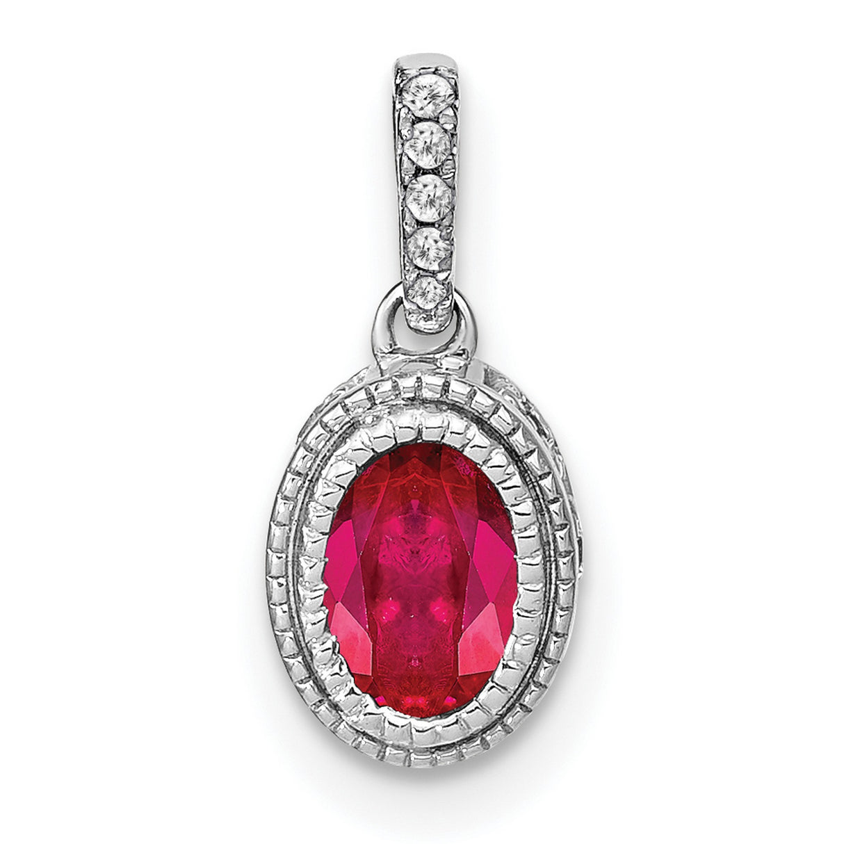 14k White Gold Ruby Pendant with Diamond Halo Setting, Classic Formal Jewelry for Women