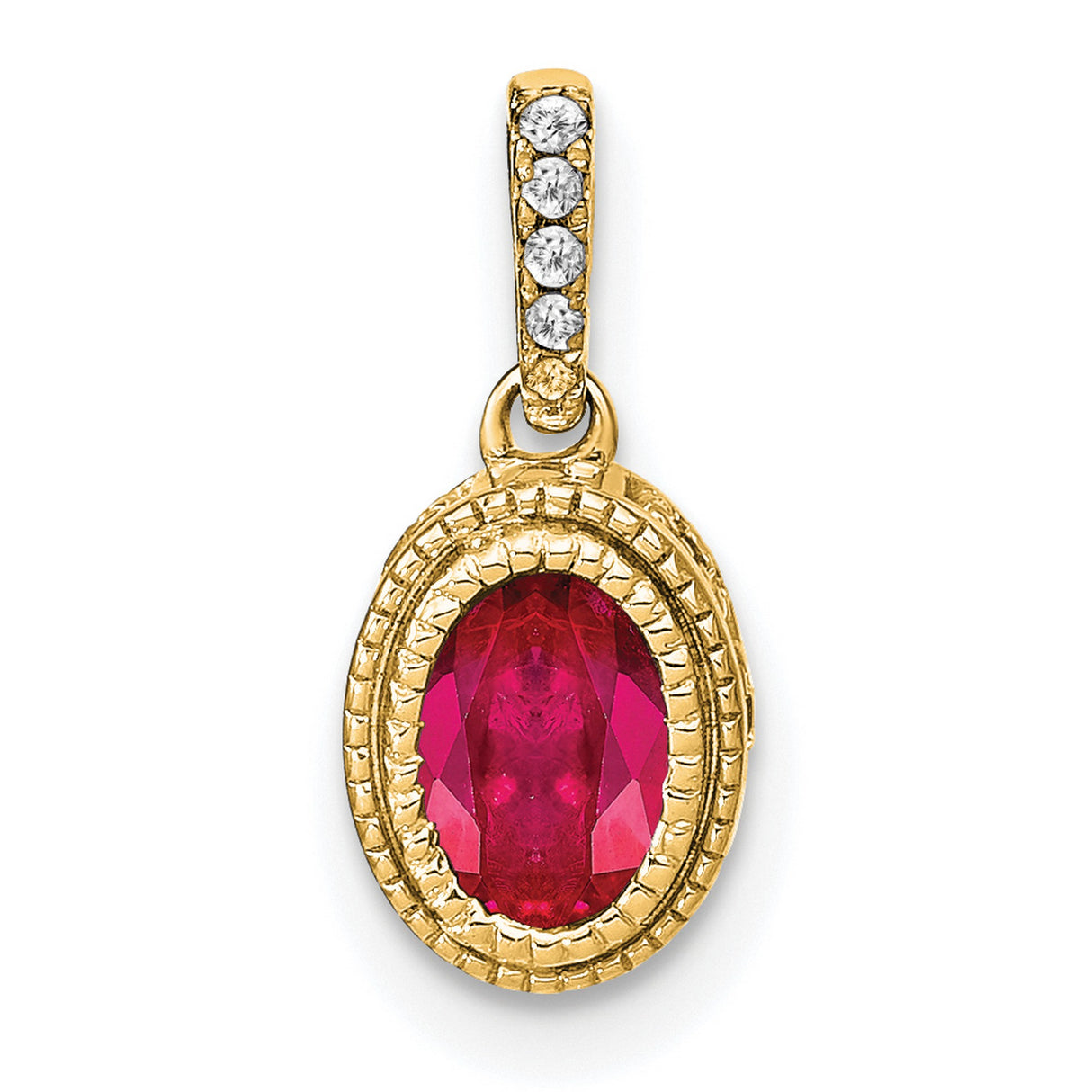 14k Yellow Gold Ruby Pendant with Diamond Accent Bail and Textured Bezel Setting