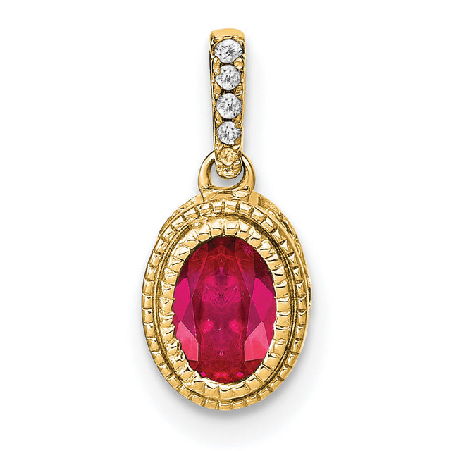 14k Yellow Gold Ruby Pendant with Diamond Accent Bail and Textured Bezel Setting