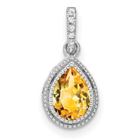 14k White Gold Citrine Pendant with Diamond Accented Bail, Pear Shaped November Birthstone Jewelry