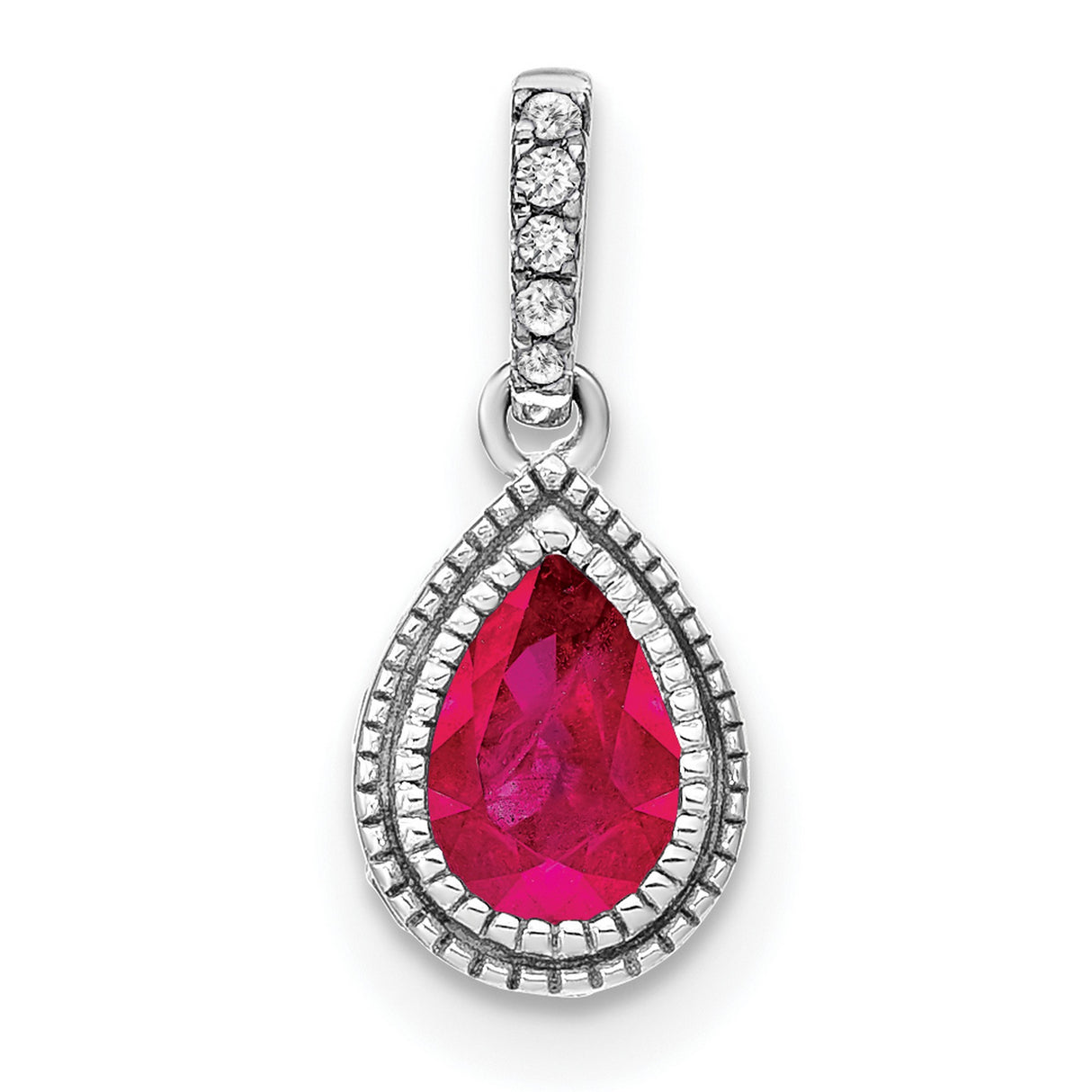 14k White Gold Ruby Pendant with Pear Shape and Diamond Halo Design for Women