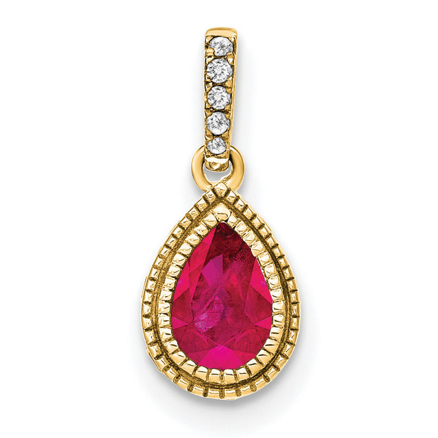 14k Yellow Gold Teardrop Pendant with Pear Shaped Ruby and Diamond Accent Bail