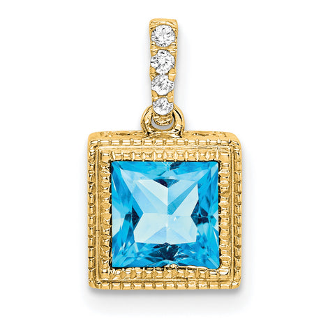 14k Yellow Gold Pendant with Swiss Blue Topaz and Diamond Accents, Bezel Setting Charm for Women