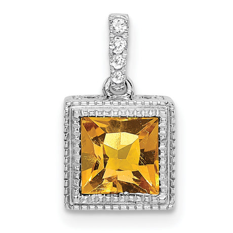 14k White Gold Citrine Pendant with Milgrain Detail and Diamond Accents