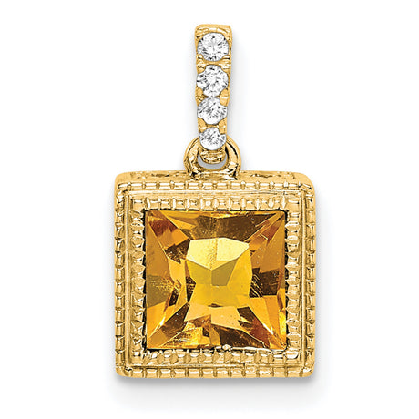 14k Yellow Gold Pendant with Square Cut Citrine and Diamond Accent Bail