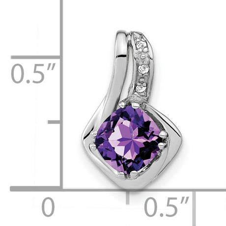 10k White Gold Amethyst Pendant with Diamond Accents, Cushion Cut, Curved Bail Design