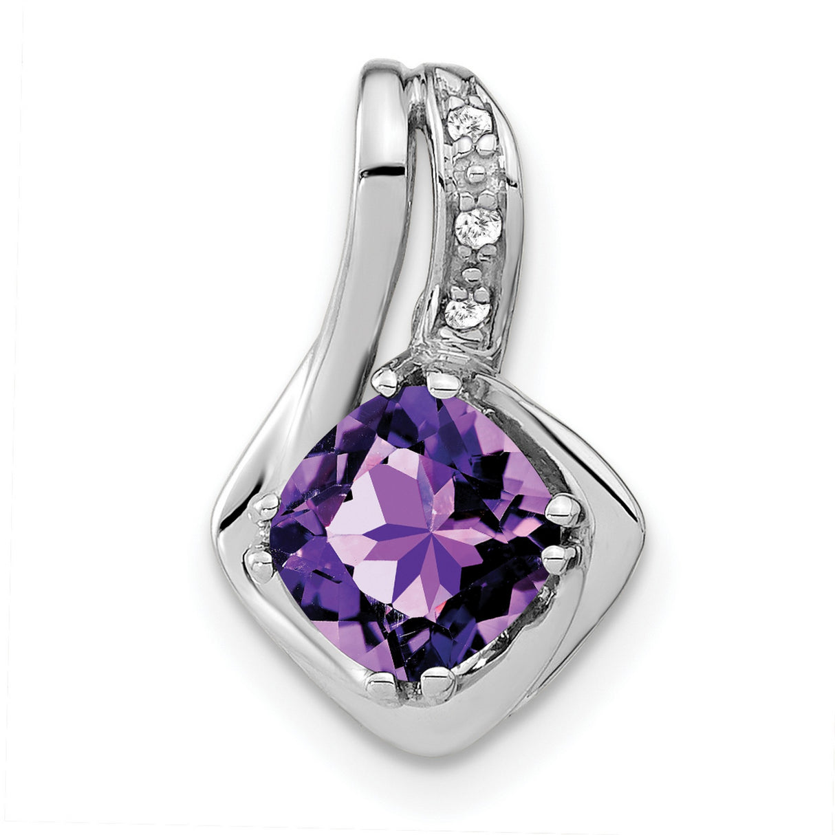 10k White Gold Amethyst Pendant with Diamond Accents, Cushion Cut, Curved Bail Design