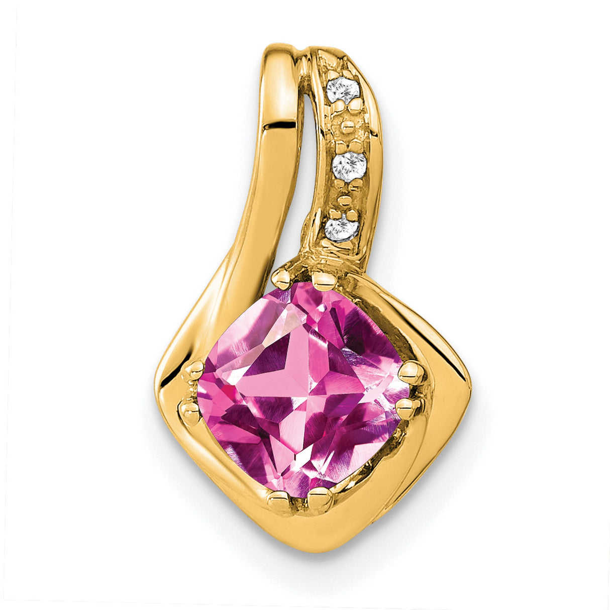 14k Yellow Gold Pendant with Cushion Cut Lab Created Pink Sapphire and Diamond Accents, Twisted Loop Design