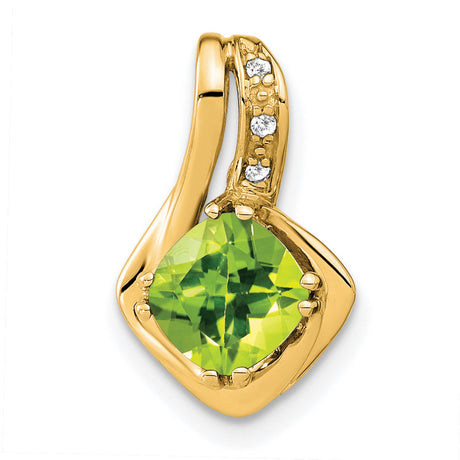 10k Yellow Gold Pendant with Cushion Cut Peridot, Diamond Accents, Swirl Design