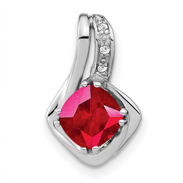 14k White Gold Ruby Pendant with Diamond Accents, Cushion Cut Twist Design for Women