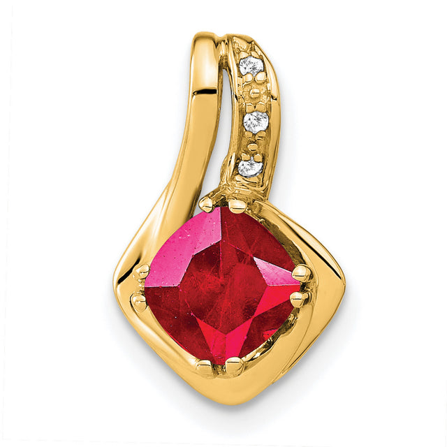 14k Yellow Gold Pendant with Cushion Cut Lab Created Ruby and Diamond Accents, Modern Design