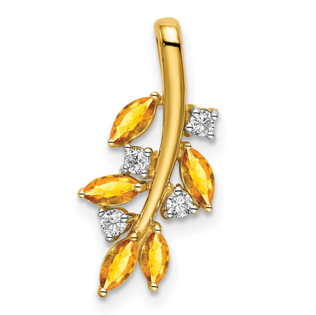 14k Yellow Gold Leaf Pendant with Marquise Citrine and White Accent Stones