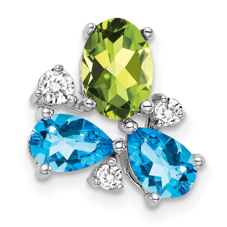 14k White Gold Floral Pendant with Peridot, Blue Topaz, and Diamond Accents