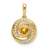 14k Yellow Gold Pendant with Round Citrine, Swirl Design and Diamond Accents