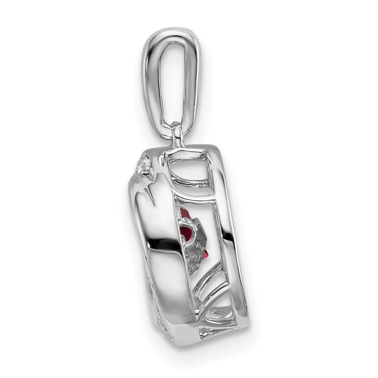 14k White Gold Swirl Pendant with Round Garnet and Pavé Diamonds, Modern Romantic Design