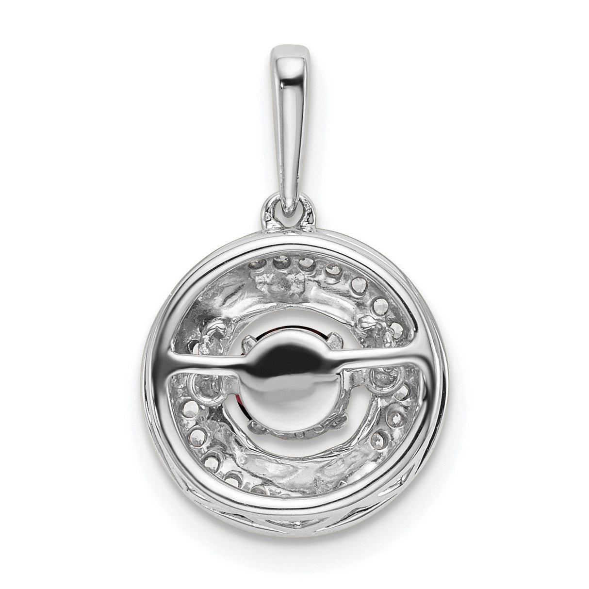 14k White Gold Swirl Pendant with Round Garnet and Pavé Diamonds, Modern Romantic Design