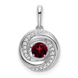 14k White Gold Swirl Pendant with Round Garnet and Pavé Diamonds, Modern Romantic Design
