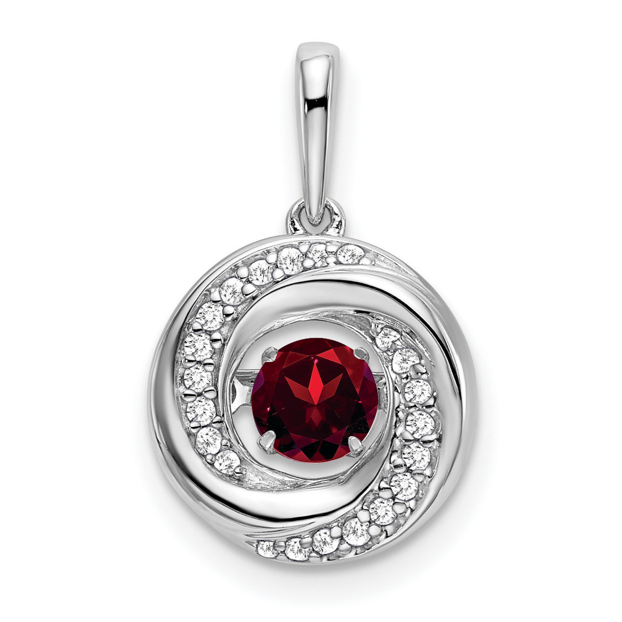 14k White Gold Swirl Pendant with Round Garnet and Pavé Diamonds, Modern Romantic Design