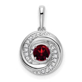 14k White Gold Swirl Pendant with Round Garnet and Pavé Diamonds, Modern Romantic Design