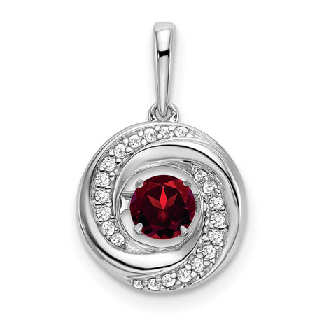 14k White Gold Swirl Pendant with Round Garnet and Pavé Diamonds, Modern Romantic Design