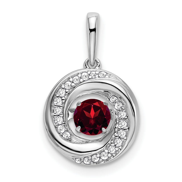 14k White Gold Swirl Pendant with Round Garnet and Pavé Diamonds, Modern Romantic Design