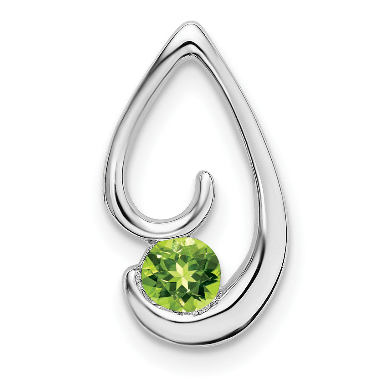 14k White Gold Teardrop Pendant with Round Peridot and Open Swirl Design
