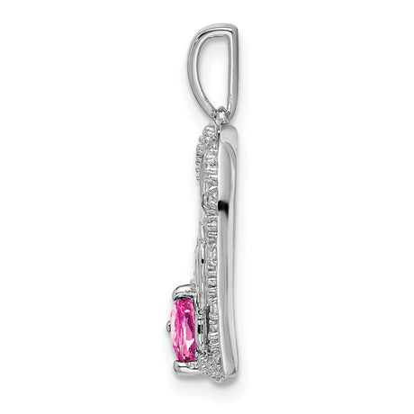 14k White Gold Heart Pendant with Pink Sapphire and Diamond Accents, Mom Script Design for Women