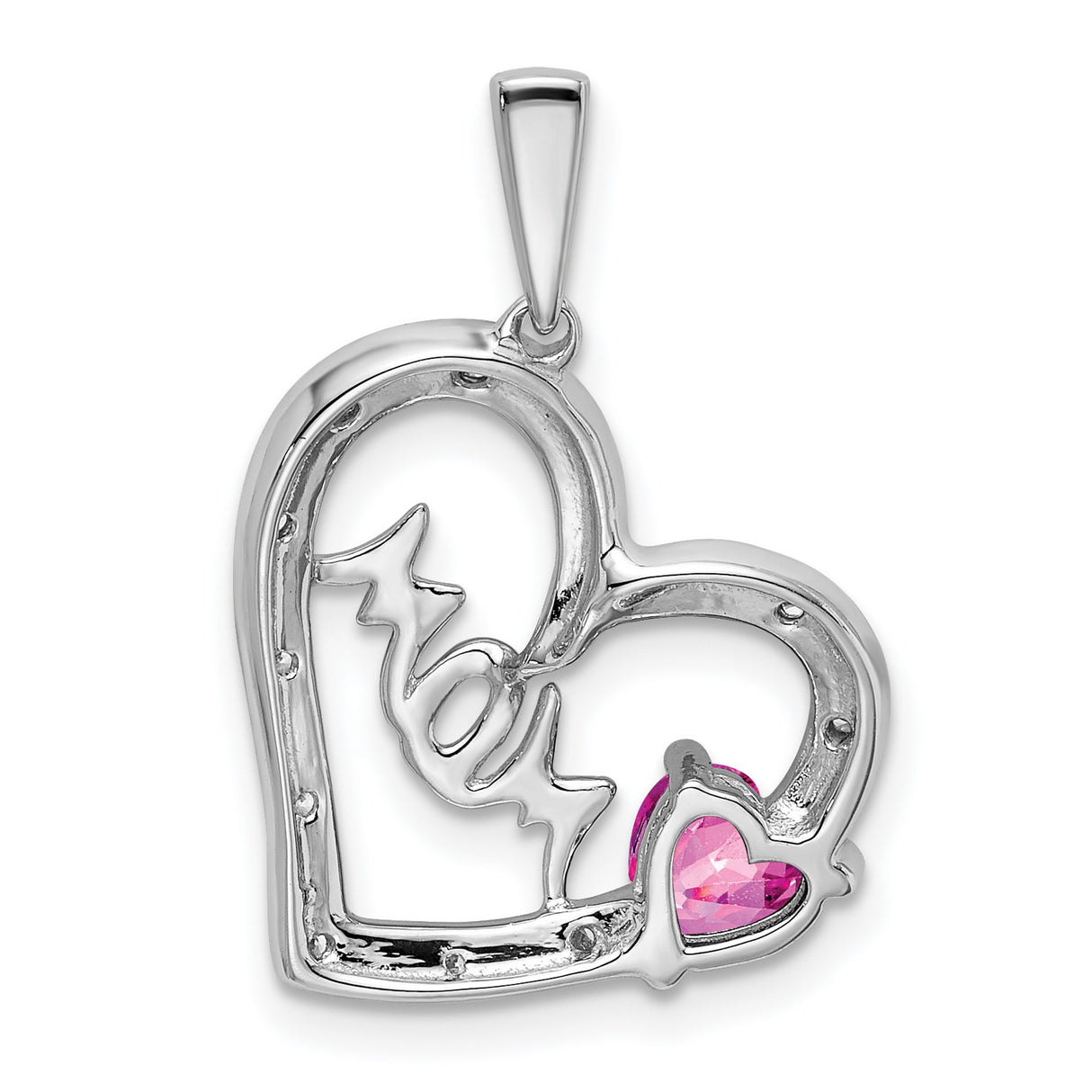 14k White Gold Heart Pendant with Pink Sapphire and Diamond Accents, Mom Script Design for Women