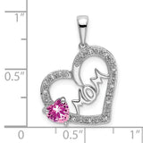 14k White Gold Heart Pendant with Pink Sapphire and Diamond Accents, Mom Script Design for Women