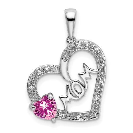 14k White Gold Heart Pendant with Pink Sapphire and Diamond Accents, Mom Script Design for Women