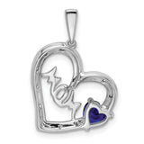 14k White Gold Heart Pendant with Sapphire and Diamond Accent, Mom Script Charm Jewelry