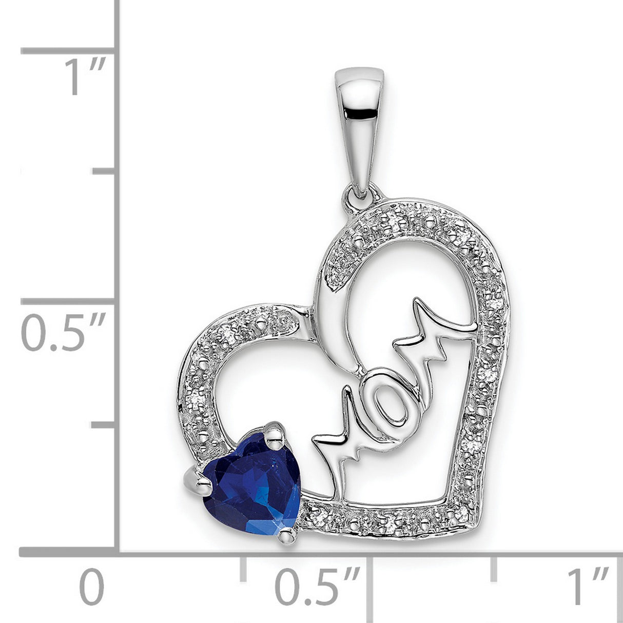 14k White Gold Heart Pendant with Sapphire and Diamond Accent, Mom Script Charm Jewelry