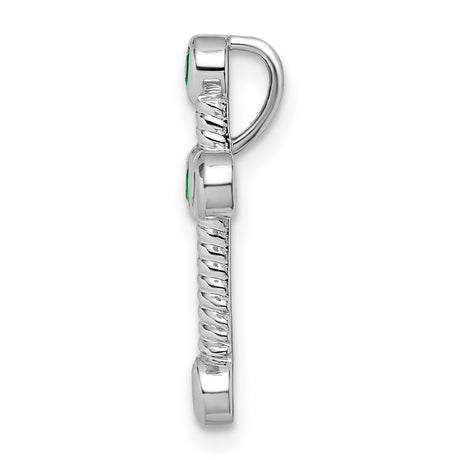 14k White Gold Cross Pendant with Emerald, Twisted Rope Texture, Modern Religious Design