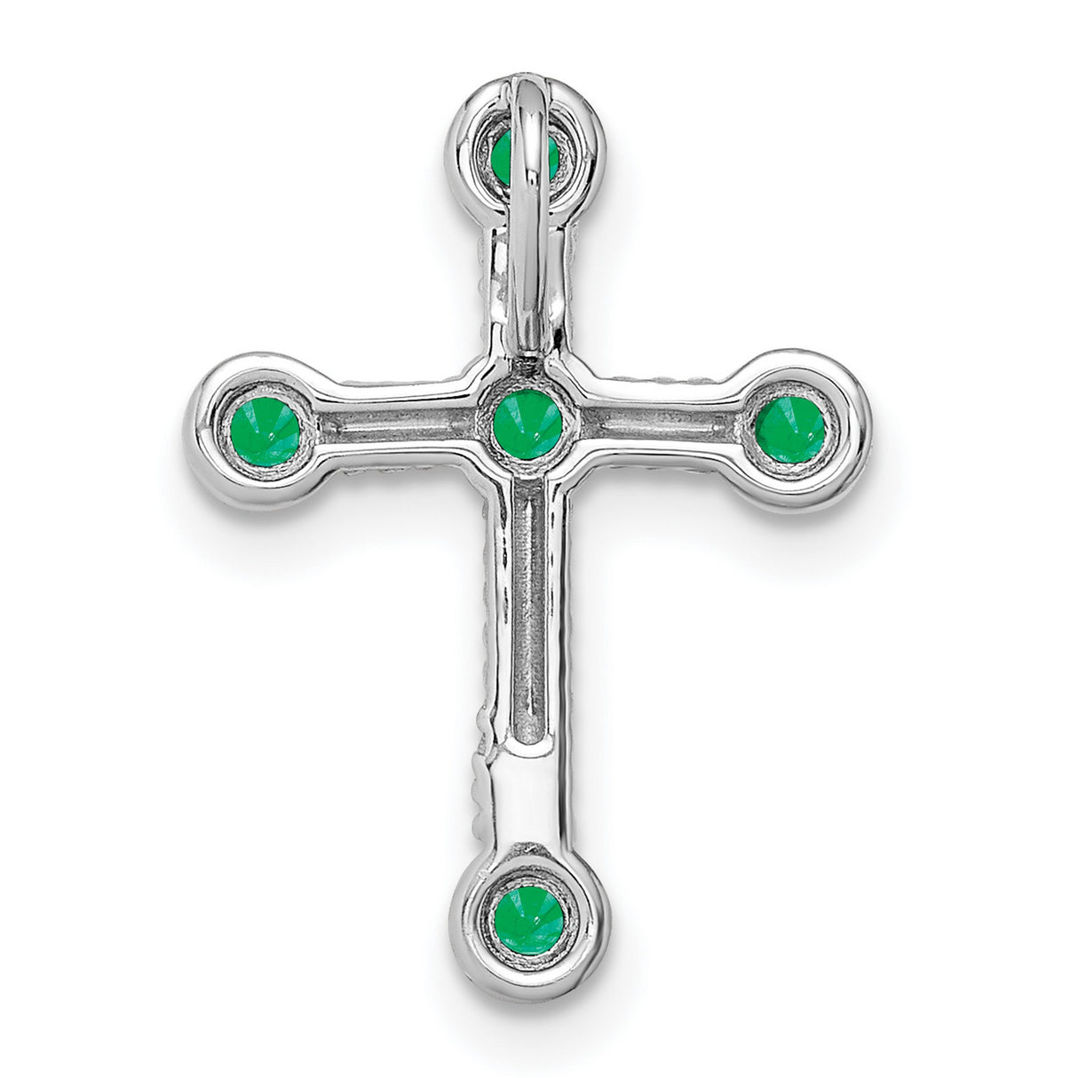 14k White Gold Cross Pendant with Emerald, Twisted Rope Texture, Modern Religious Design