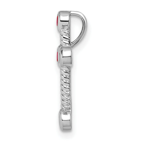 14k White Gold Cross Pendant with Ruby Bezel Set Gemstones, Polished Rope Texture