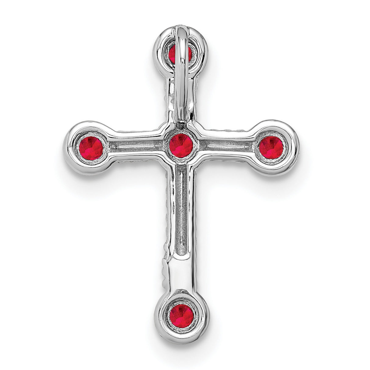 14k White Gold Cross Pendant with Ruby Bezel Set Gemstones, Polished Rope Texture