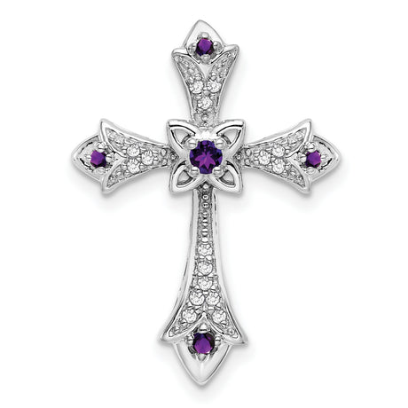 10k White Gold Cross Pendant with Amethyst and Diamond Accents, Fleur de Lis Style