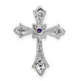 14k White Gold Cross Pendant with Amethyst and Diamond, Fleur de Lis Floral Design
