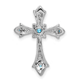 10k White Gold Cross Pendant with Swiss Blue Topaz and Diamond Accents, Fleur de Lis Style